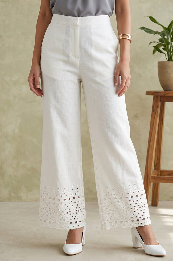 Off White Solid Schiffli Ankle Length Palazzo