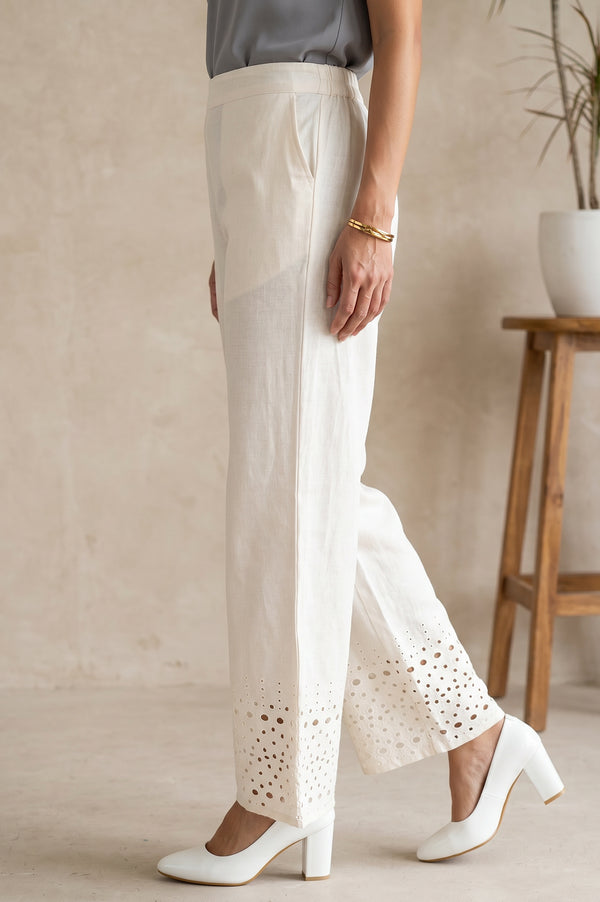 Off White Solid Schiffli Ankle Length Palazzo