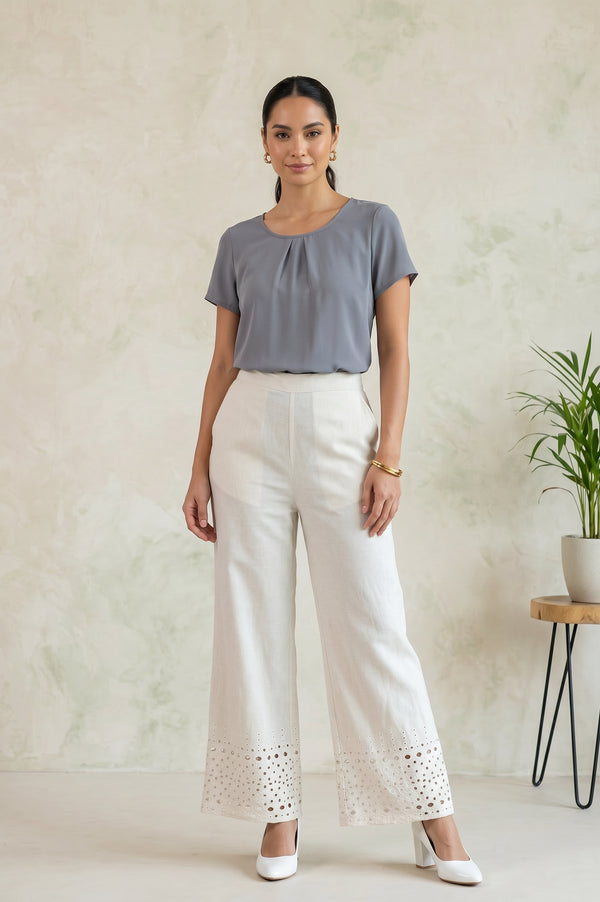 Off White Solid Schiffli Ankle Length Palazzo