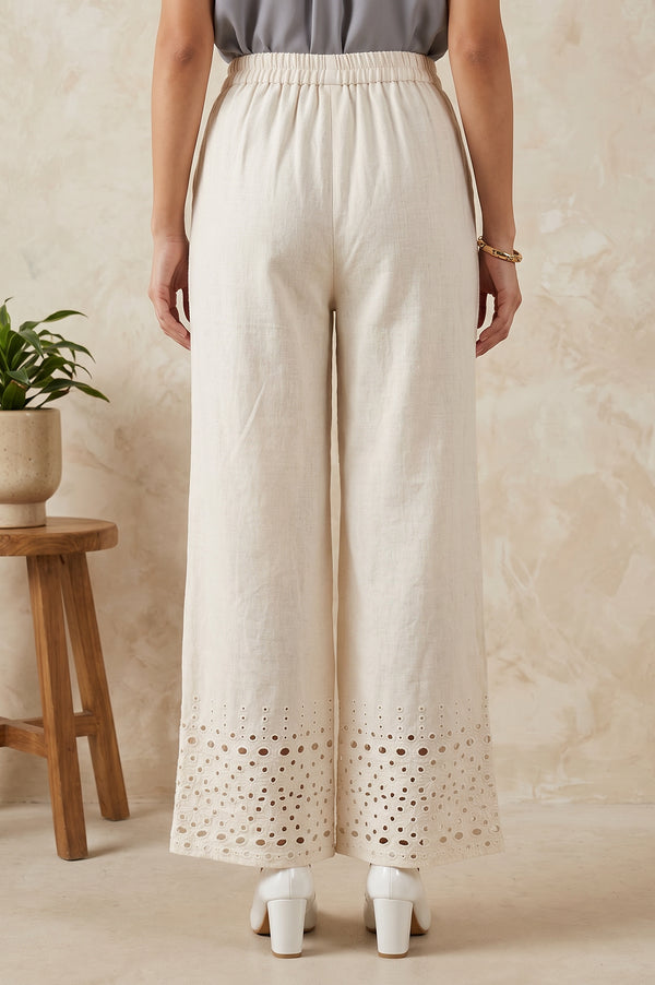 Off White Solid Schiffli Ankle Length Palazzo