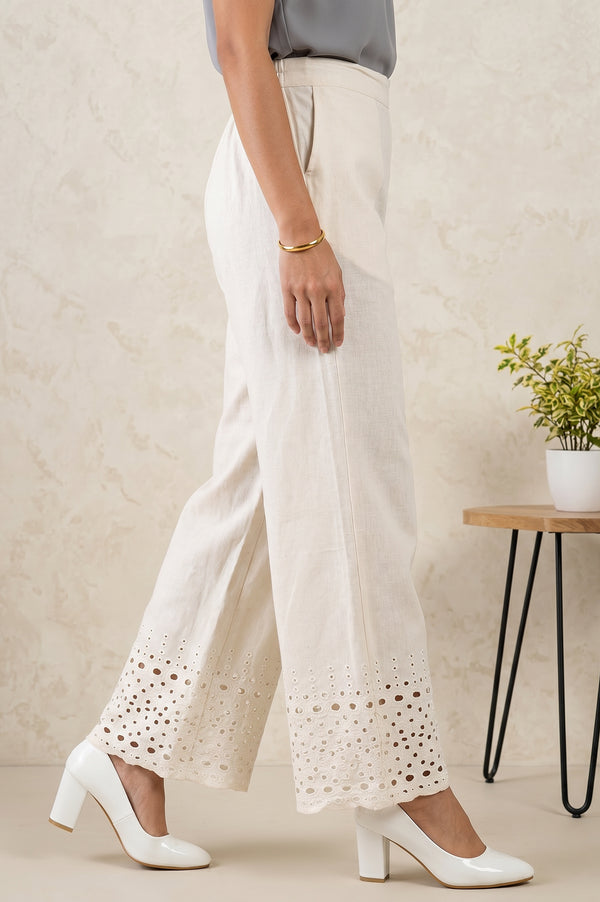 Off White Solid Schiffli Ankle Length Palazzo