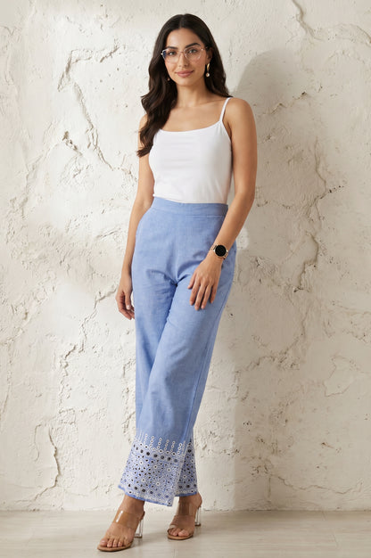 Blue Yarn Dyed Schiffily Chambray Ankle Length Palazzo