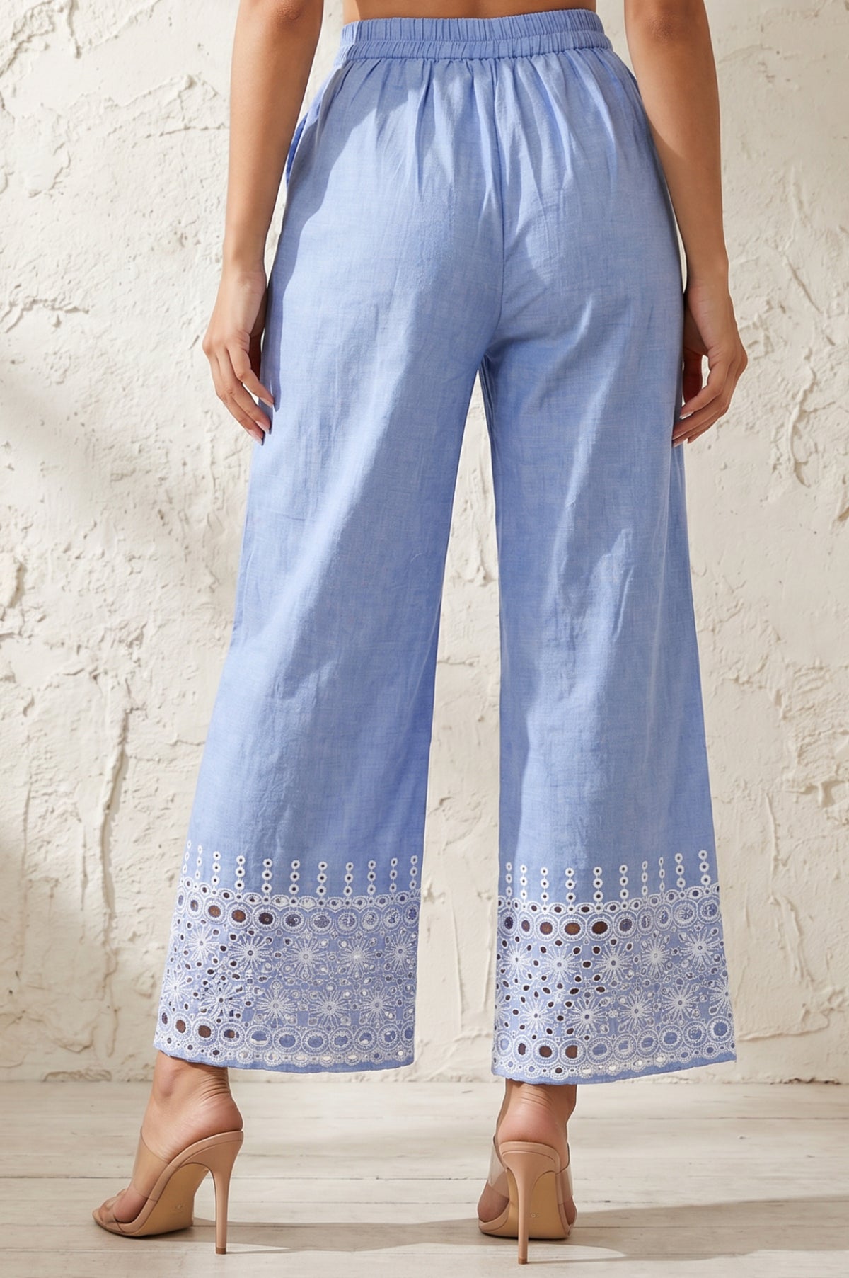 Blue Yarn Dyed Schiffily Chambray Ankle Length Palazzo