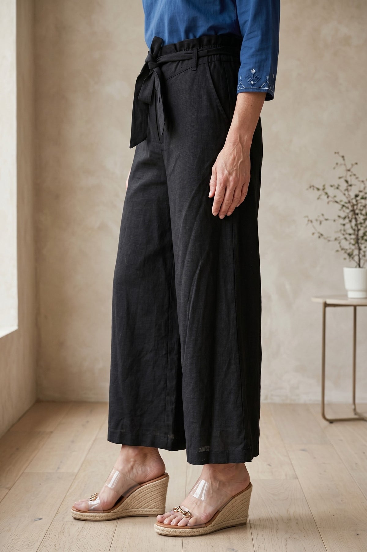 Black Pure Cotton High Rise Ankle Length Palazzo