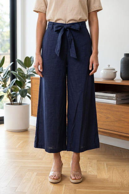Navy Blue Pure Cotton High Rise Ankle Length Palazzo