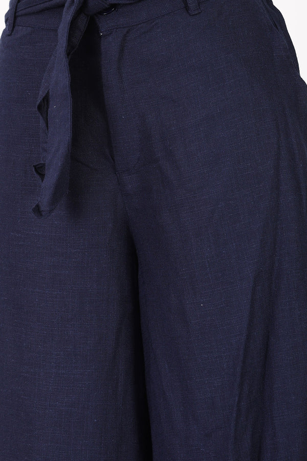 Navy Blue Pure Cotton High Rise Ankle Length Palazzo