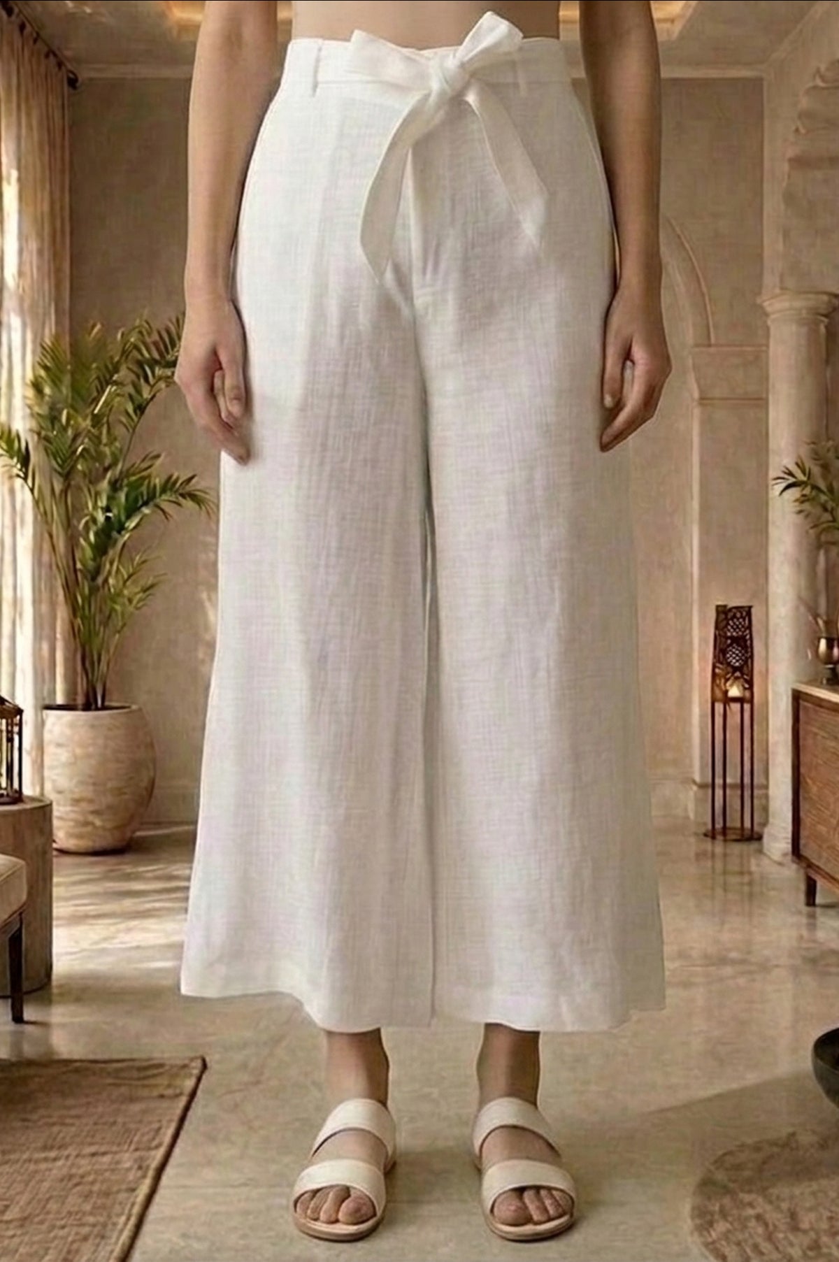 White Solid Rayon Wide Leg Palazzo