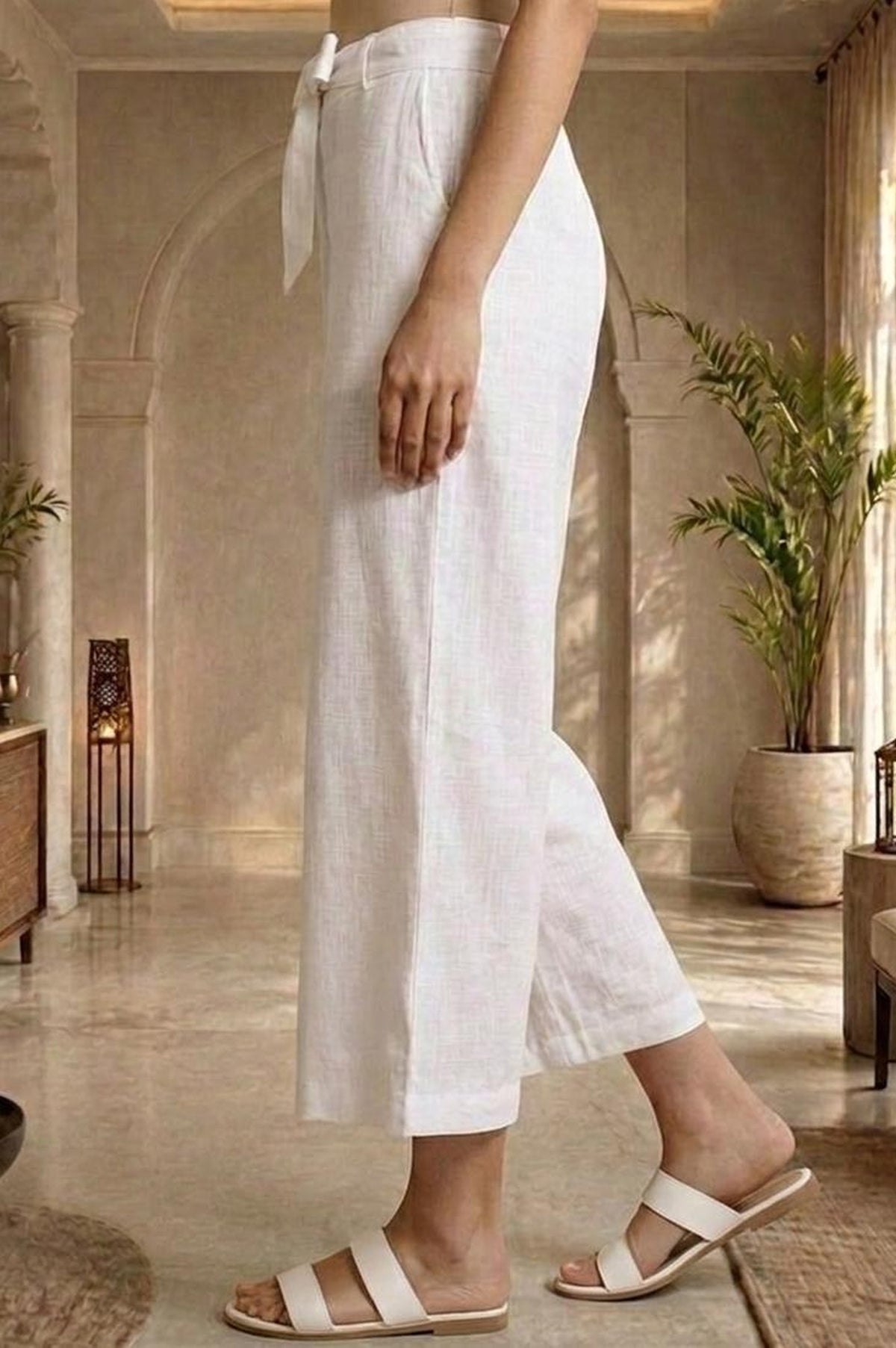 White Solid Rayon Wide Leg Palazzo
