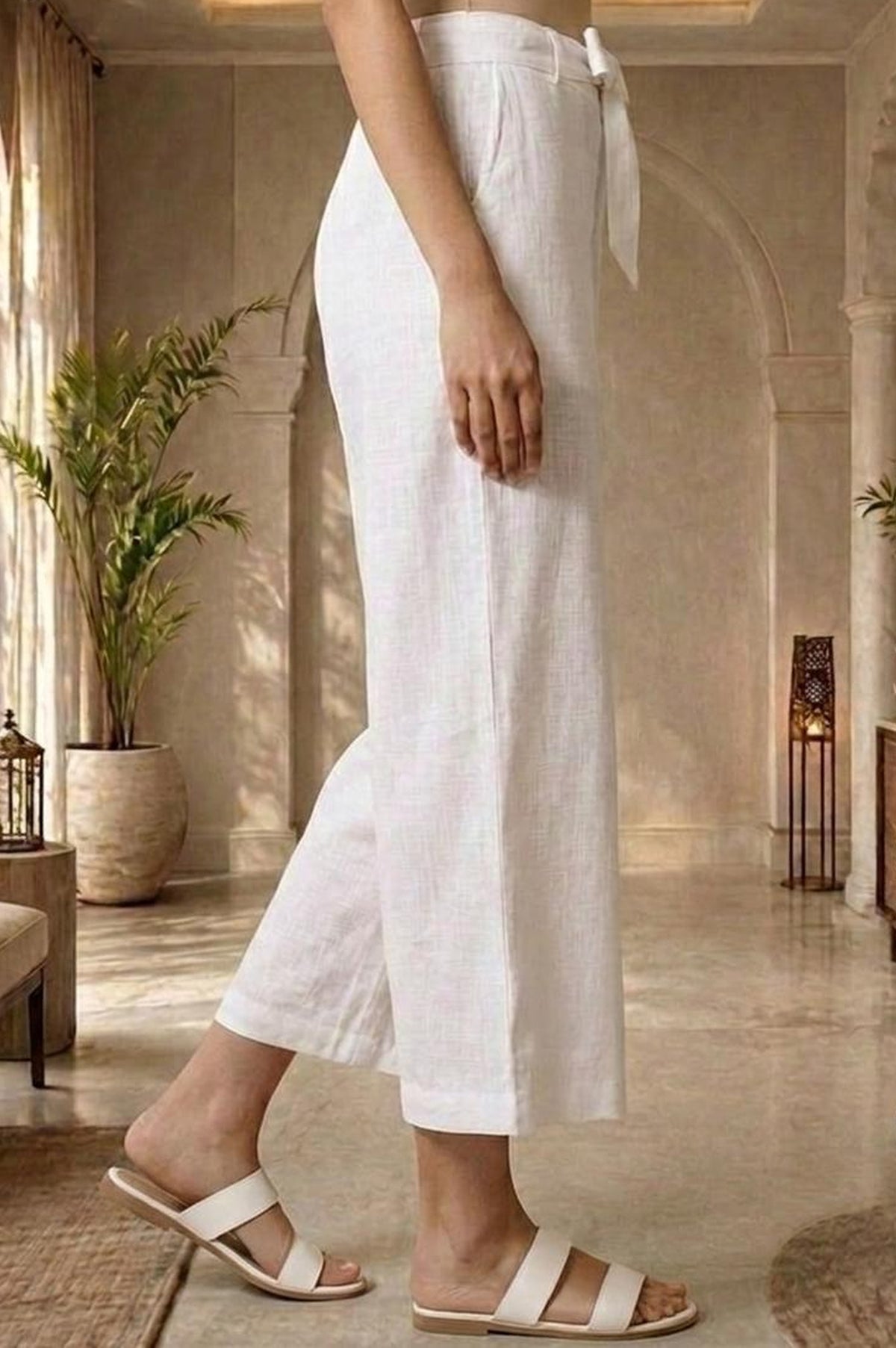 White Solid Rayon Wide Leg Palazzo