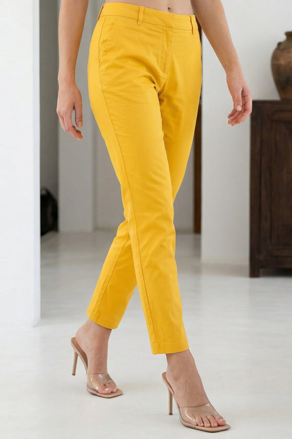 Yellow Solid Cotton Spandex Slim Fit Trousers