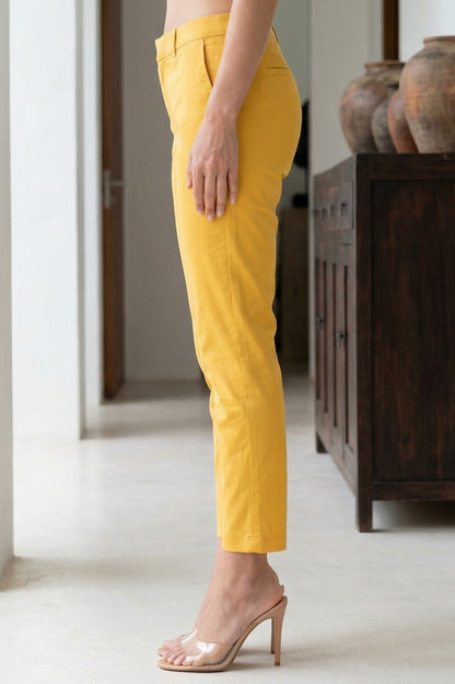 Yellow Solid Cotton Spandex Slim Fit Trousers