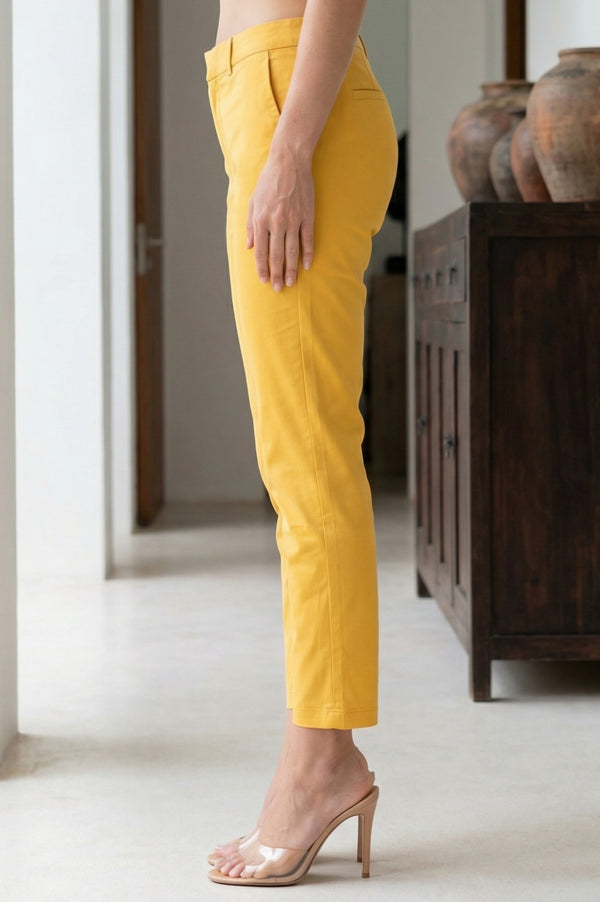 Yellow Solid Cotton Spandex Slim Fit Trousers