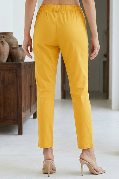 Yellow Solid Cotton Spandex Slim Fit Trousers