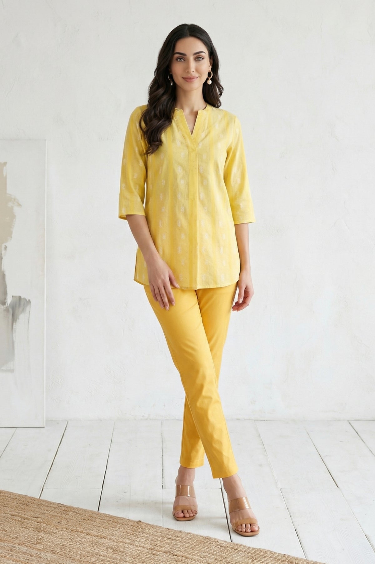 Yellow Solid Cotton Spandex Slim Fit Trousers