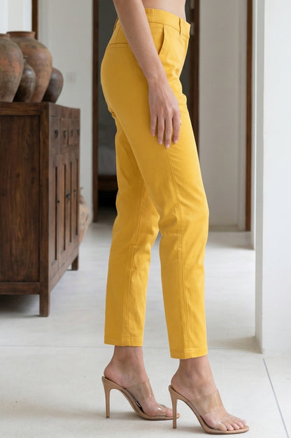 Yellow Solid Cotton Spandex Slim Fit Trousers