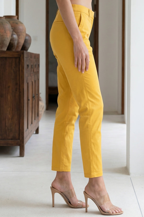 Yellow Solid Cotton Spandex Slim Fit Trousers