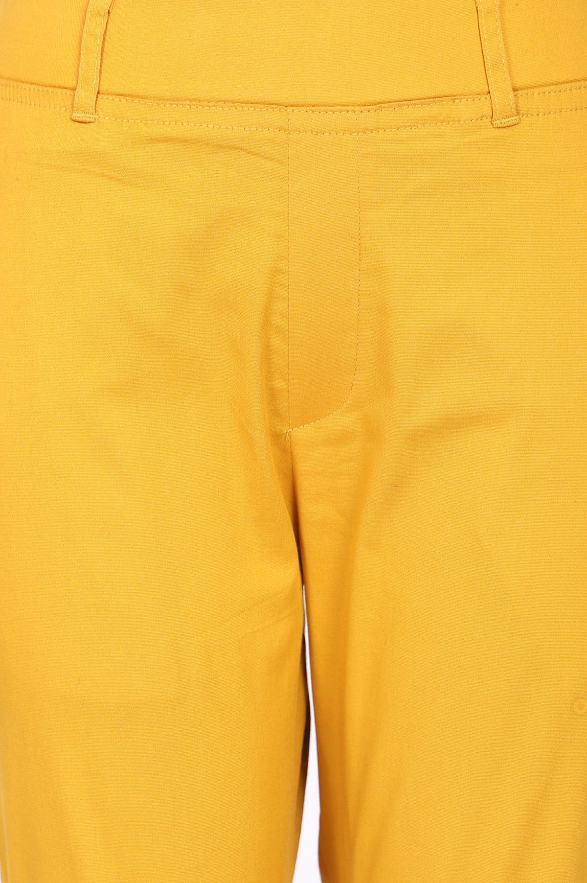 Yellow Solid Cotton Spandex Slim Fit Trousers