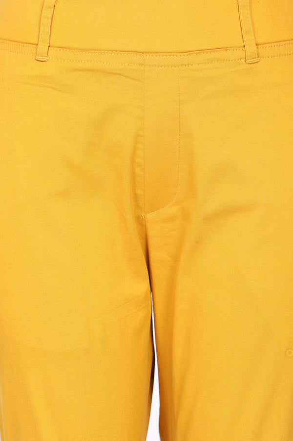 Yellow Solid Cotton Spandex Slim Fit Trousers
