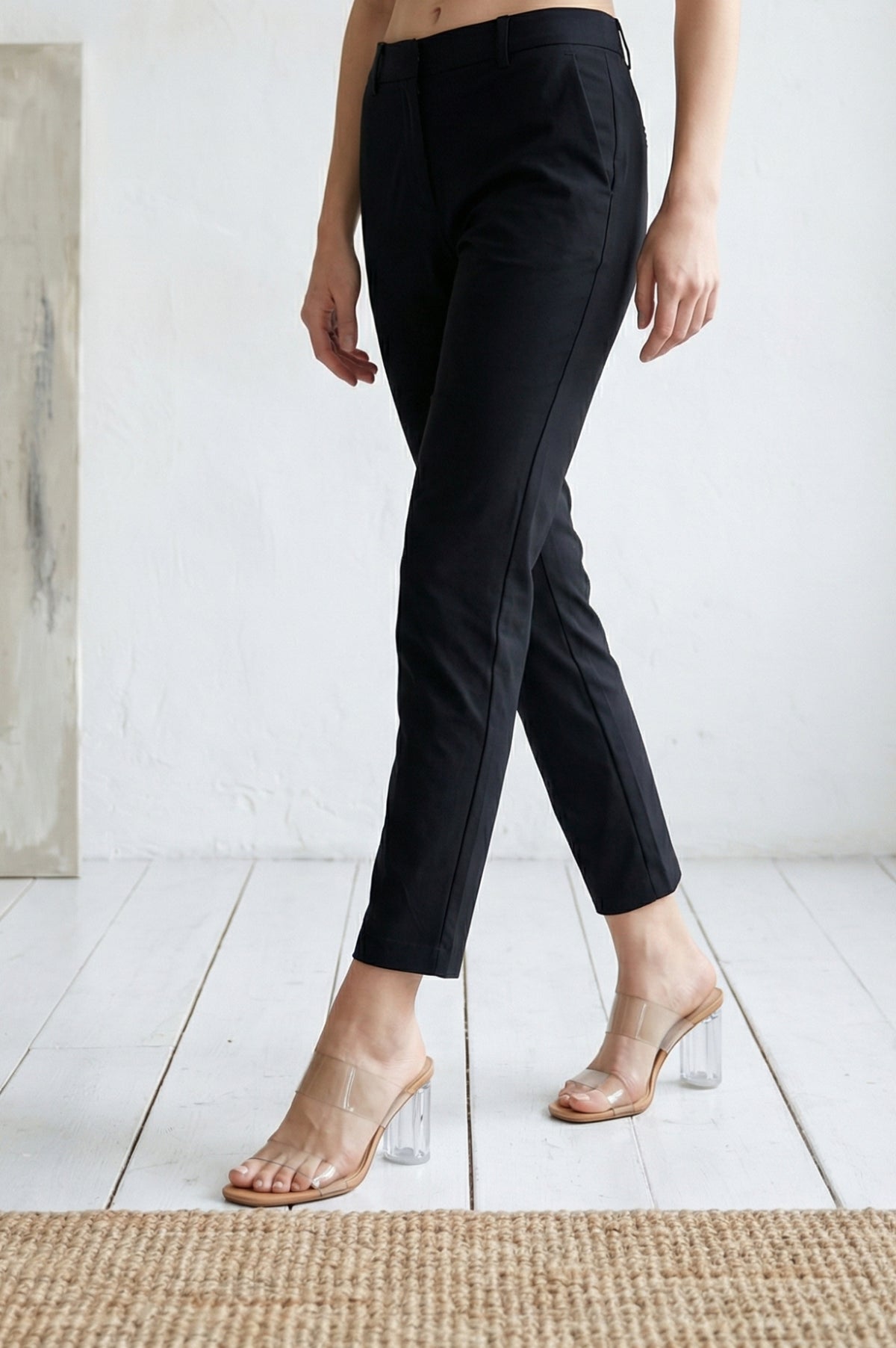Black Solid Cotton Blend Slim Fit Cigarette Ankle Length Trousers