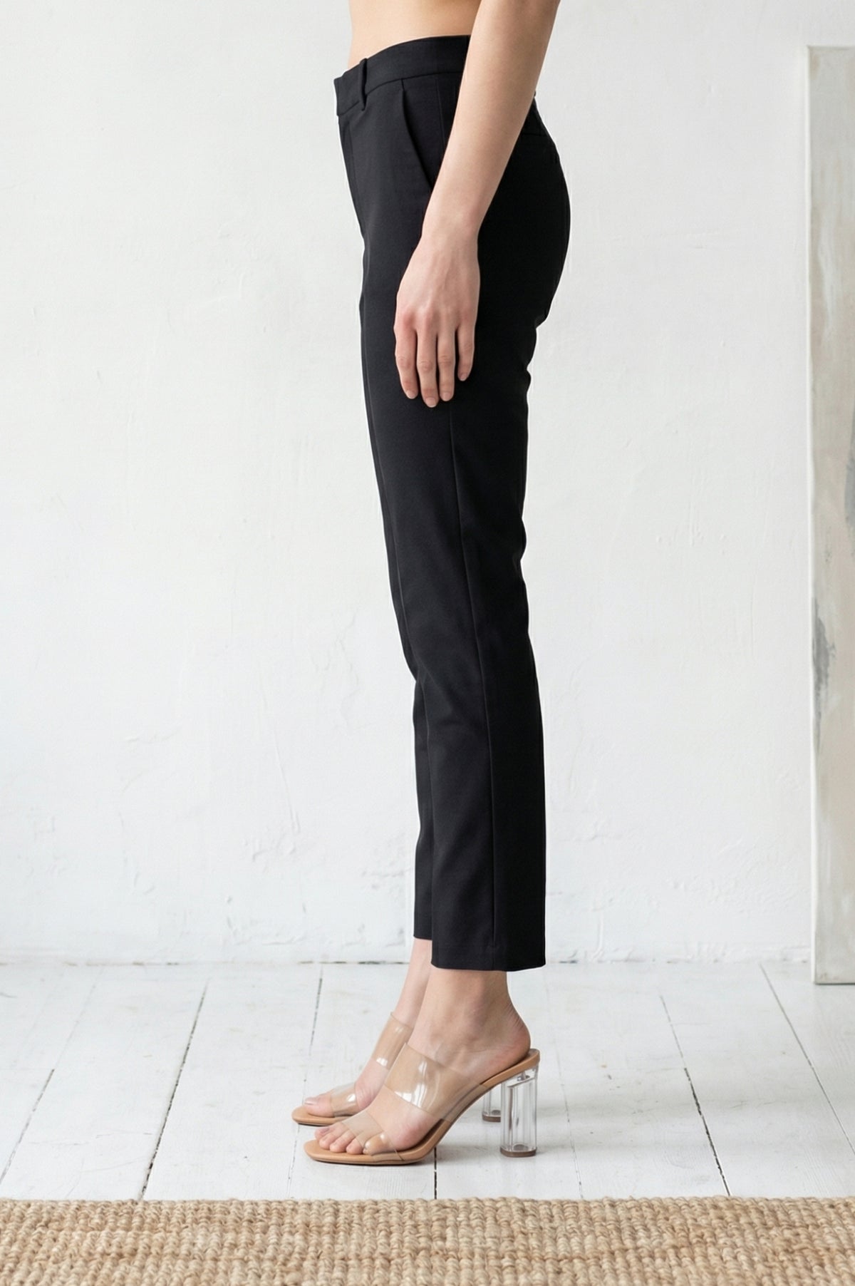 Black Solid Cotton Blend Slim Fit Cigarette Ankle Length Trousers