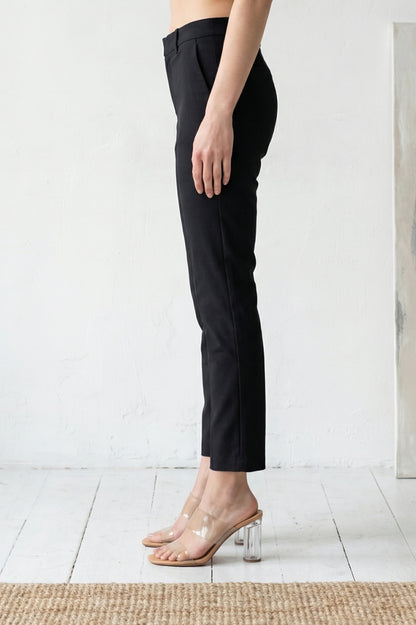 Black Solid Cotton Blend Slim Fit Cigarette Ankle Length Trousers