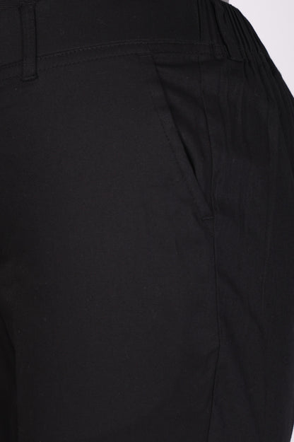 Black Solid Cotton Blend Slim Fit Cigarette Ankle Length Trousers