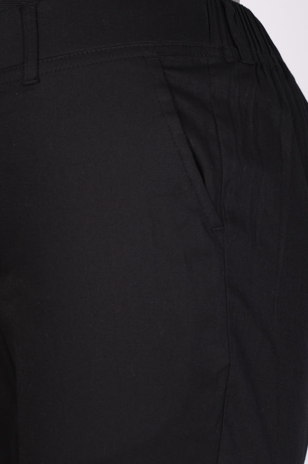 Black Solid Cotton Blend Slim Fit Cigarette Ankle Length Trousers