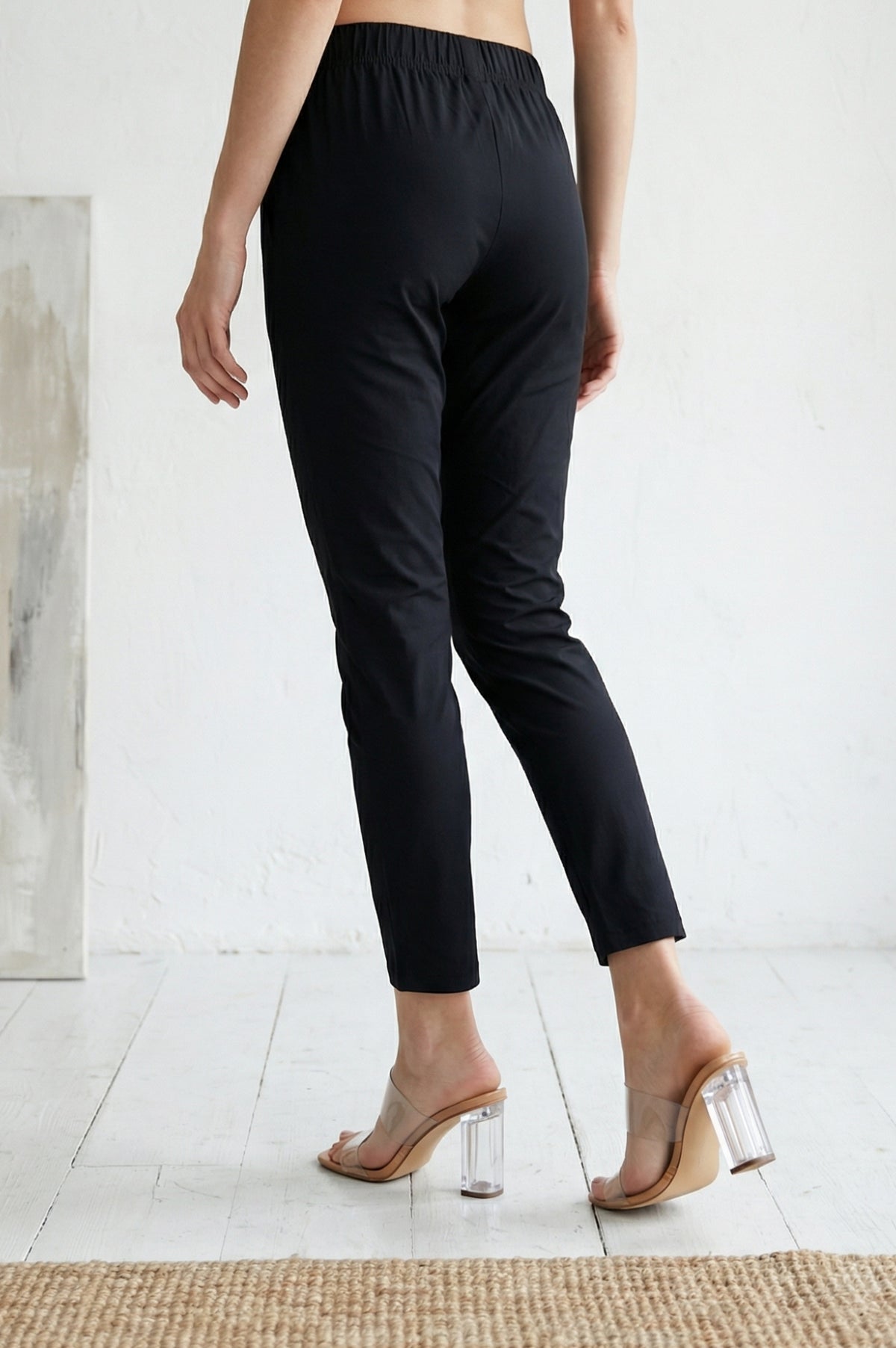 Black Solid Cotton Blend Slim Fit Cigarette Ankle Length Trousers