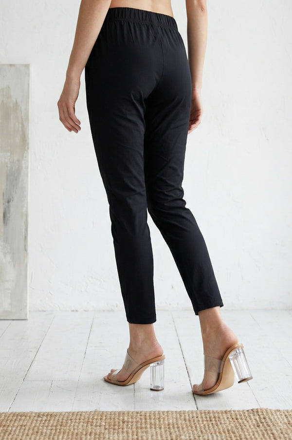 Black Solid Cotton Blend Slim Fit Cigarette Ankle Length Trousers