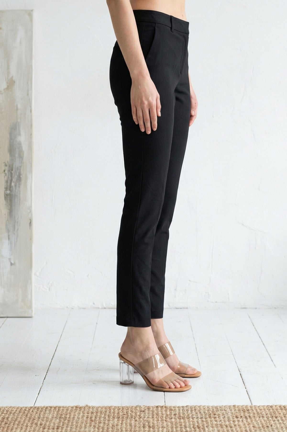Black Solid Cotton Blend Slim Fit Cigarette Ankle Length Trousers