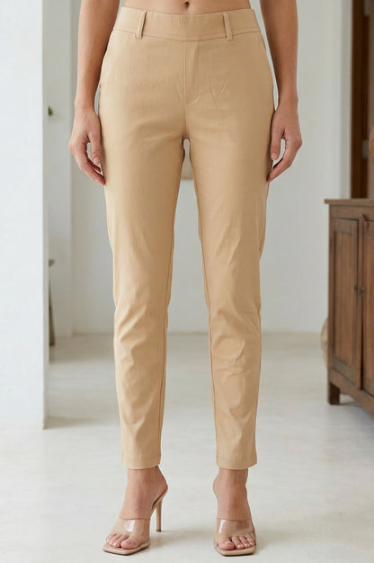Light Gold Solid Cotton Blend Tapered Fit Ankle Length Trousers