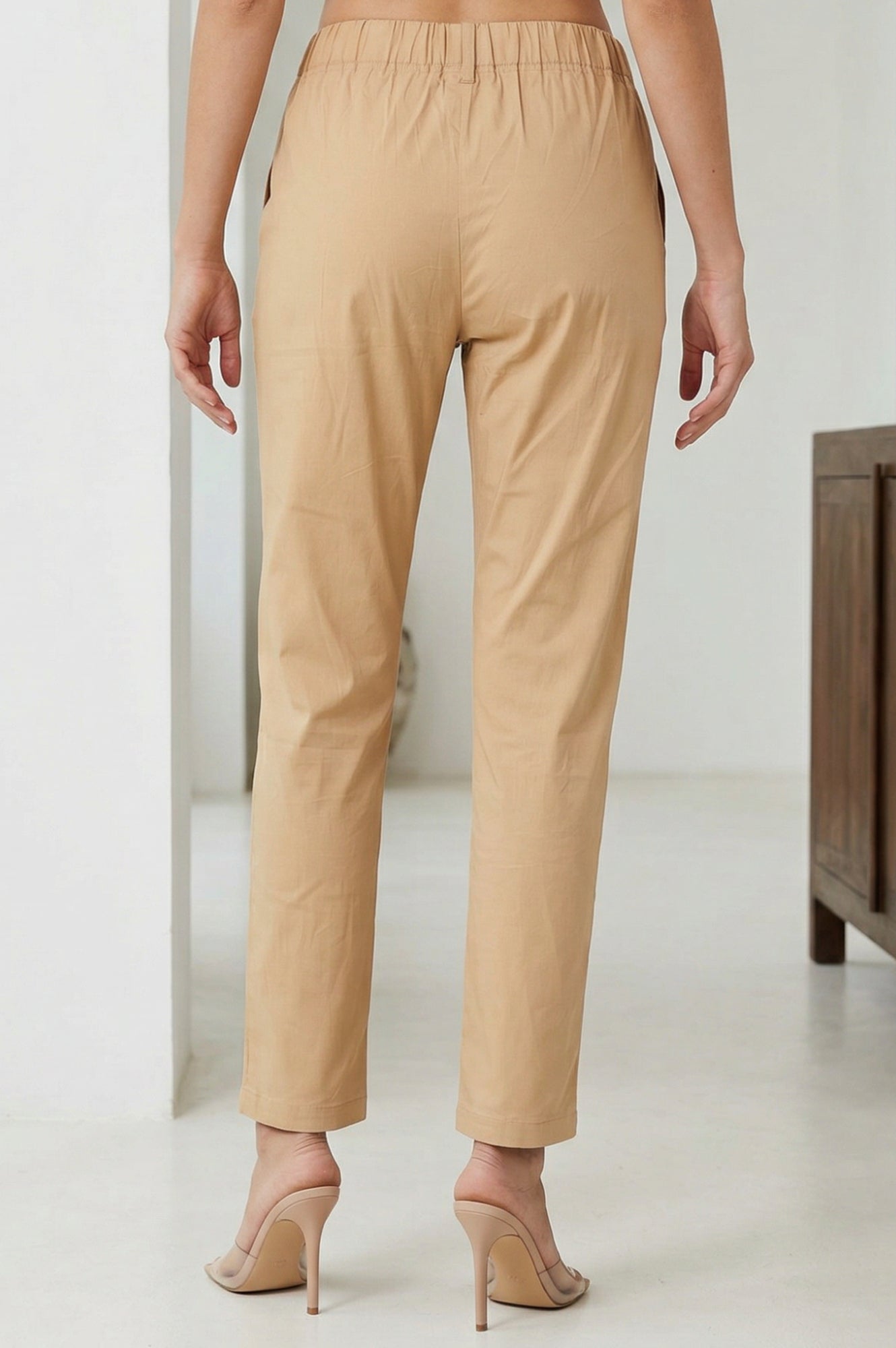 Light Gold Solid Cotton Blend Tapered Fit Ankle Length Trousers