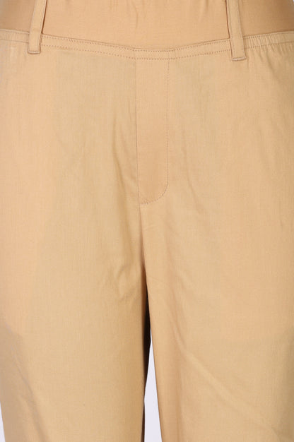 Light Gold Solid Cotton Blend Tapered Fit Ankle Length Trousers