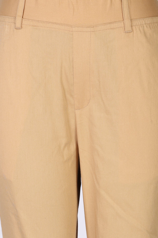 Light Gold Solid Cotton Blend Tapered Fit Ankle Length Trousers