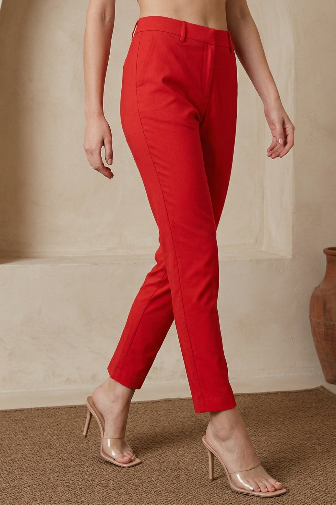 Red Solid Cotton Blend Slim Fit Ankle Length Trousers