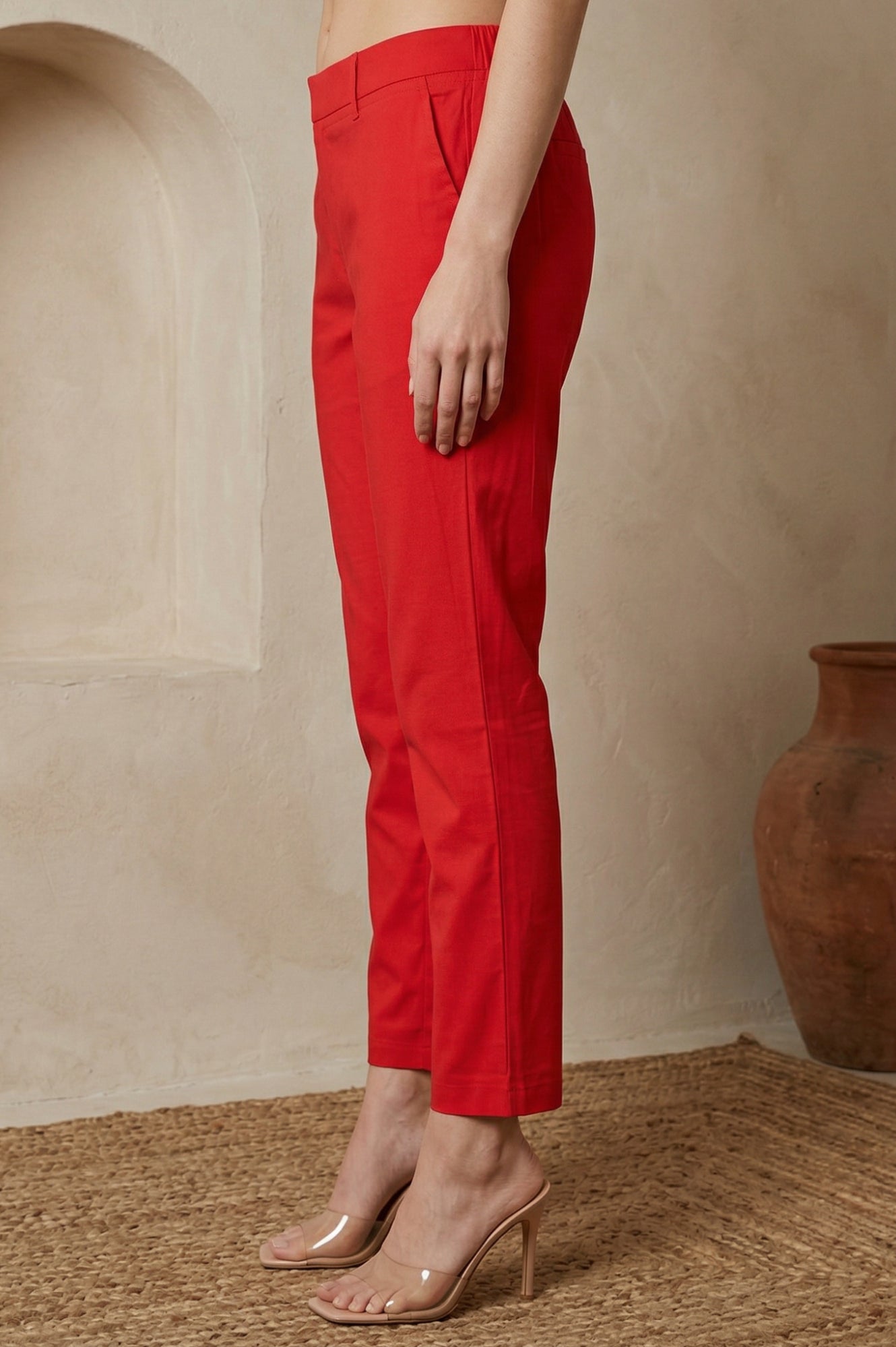 Red Solid Cotton Blend Slim Fit Ankle Length Trousers