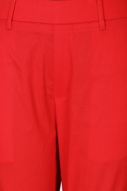 Red Solid Cotton Blend Slim Fit Ankle Length Trousers