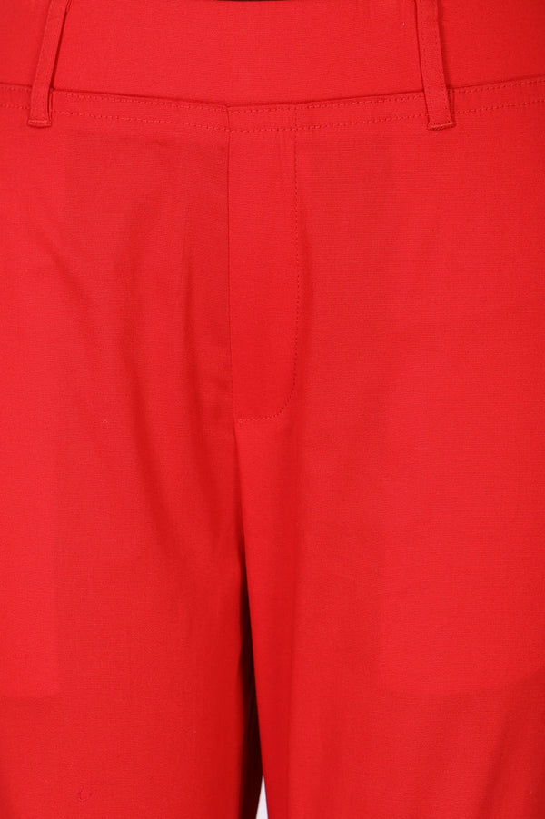 Red Solid Cotton Blend Slim Fit Ankle Length Trousers