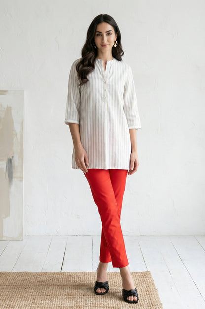 Red Solid Cotton Blend Slim Fit Ankle Length Trousers