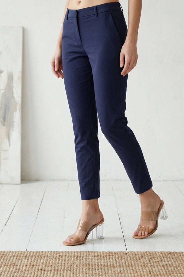 Navy Blue Solid Cotton Spandex Slim Fit Trousers