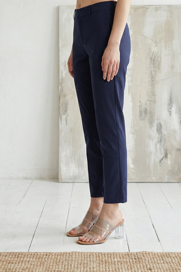 Navy Blue Solid Cotton Spandex Slim Fit Trousers