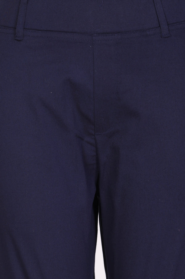 Navy Blue Solid Cotton Spandex Slim Fit Trousers