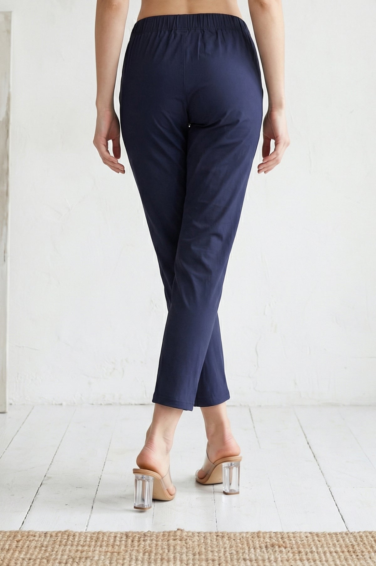 Navy Blue Solid Cotton Spandex Slim Fit Trousers