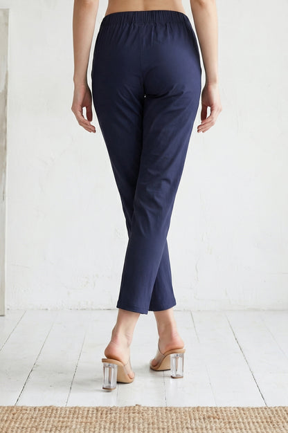 Navy Blue Solid Cotton Spandex Slim Fit Trousers
