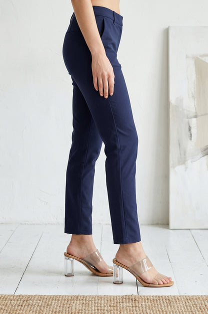 Navy Blue Solid Cotton Spandex Slim Fit Trousers