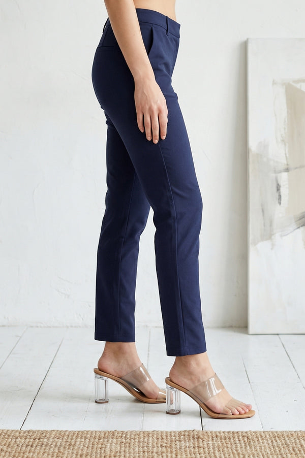 Navy Blue Solid Cotton Spandex Slim Fit Trousers