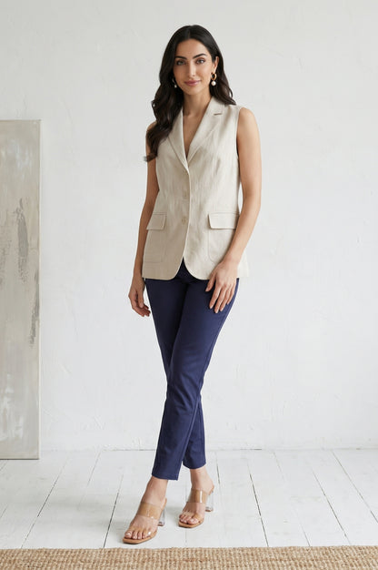 Navy Blue Solid Cotton Spandex Slim Fit Trousers