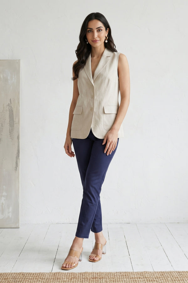 Navy Blue Solid Cotton Spandex Slim Fit Trousers