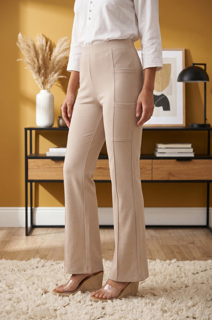 Beige Mid Rise Ankle Length Straight Fit Pants