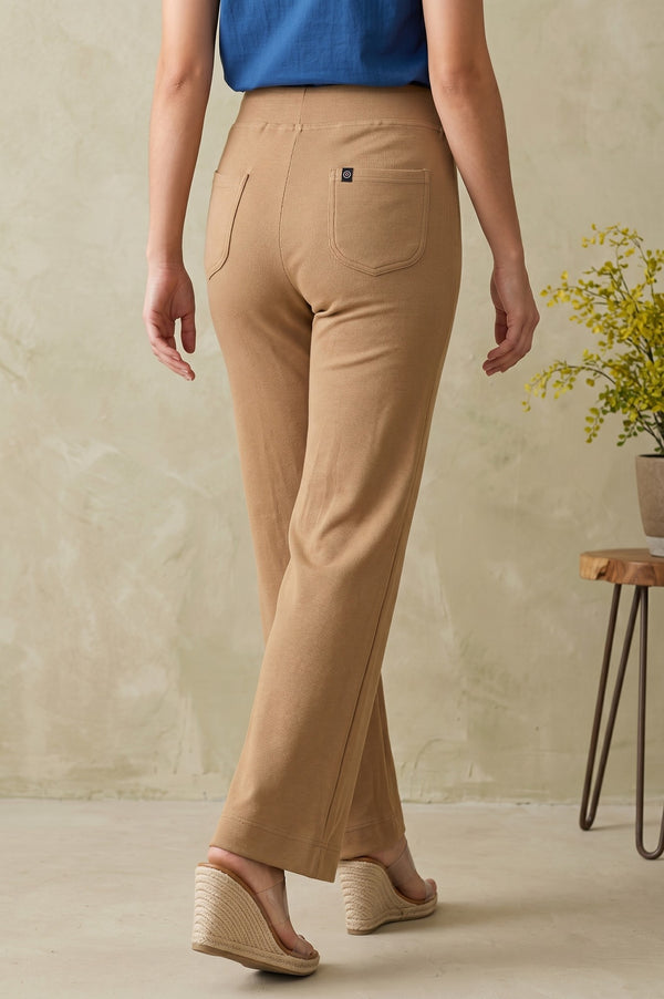 Dark Beige Solid Cotton Blend Relaxed Fit Wide Leg Ankle Length Mid Rise Pants